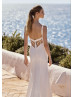 Square Neck Ivory Satin Slit Stunning Wedding Dress With Buttons